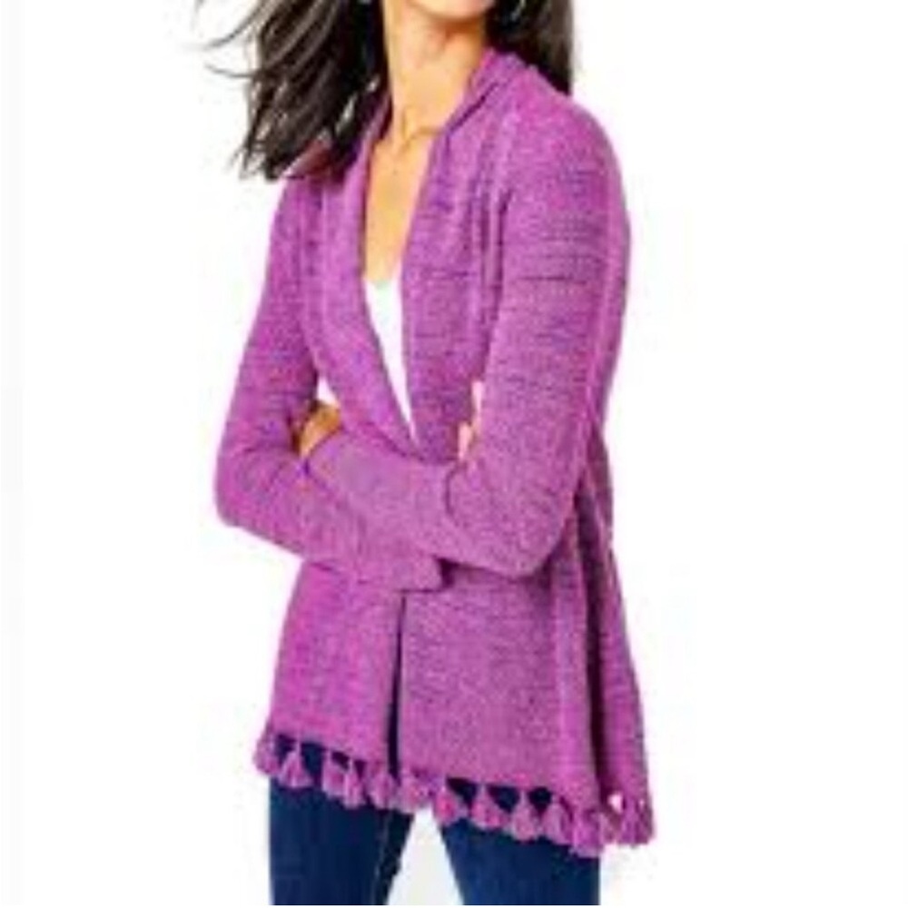 Lilly Pulitzer Tova Metallic Knit Cardigan Sweater w/ Tassels Purple Pink XS